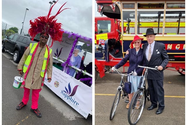 A colourful headdress and pedal power.