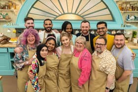 Group Photo of Bakers in the Tent (L to R (back) James, Sandro, Maxy, Kevin, Abdul (front) Carole (pink/purple hair), Maisam, Syabira, Rebs, Dawn, William, Janusz). 
Image: C4/Mark Bourdillon