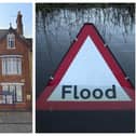 Shefford Town Council, and right, a flood warning. Images: Google/Oli Scarff and Getty Images.