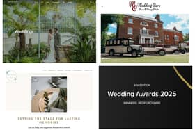Hitched.co.uk Wedding Awards 2025: Bedfordshire winners. Websites - (top) Shuttleworth and MC Wedding Cars; (bottom) 1st Class Event Specialists.