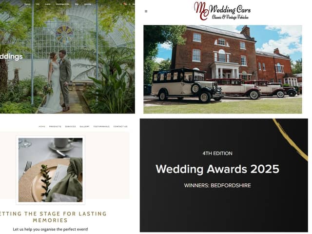 Hitched.co.uk Wedding Awards 2025: Bedfordshire winners. Websites - (top) Shuttleworth and MC Wedding Cars; (bottom) 1st Class Event Specialists.