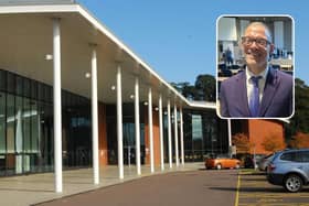 Central Beds Council headquarters and, inset, leader Adam Zerny