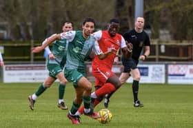 Biggleswade FC's  Amaru Kaunda in action against Kings Langley. Both FC and Biggleswade Town haven't played since February 3. Photo: Guy Wills Sports Photography.