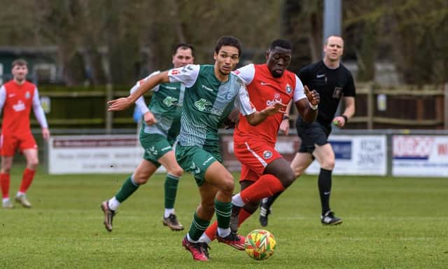 Biggleswade FC's  Amaru Kaunda in action against Kings Langley. Both FC and Biggleswade Town haven't played since February 3. Photo: Guy Wills Sports Photography.