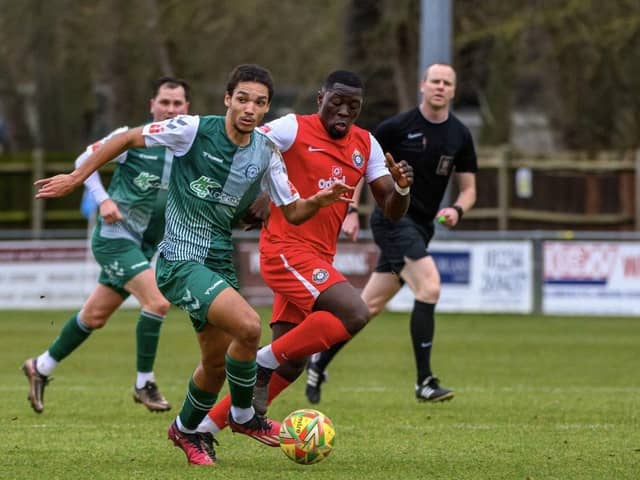 Biggleswade FC's  Amaru Kaunda in action against Kings Langley. Both FC and Biggleswade Town haven't played since February 3. Photo: Guy Wills Sports Photography.