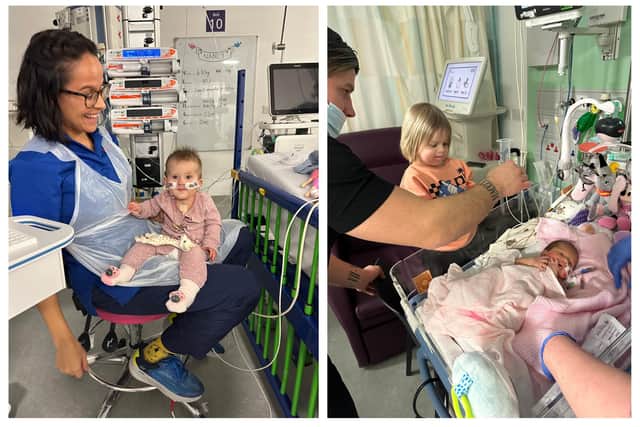 Left: all smiles for the nurses, and right, big brother, Arthur, looks on. Images supplied by the Aris family.