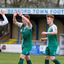 Alex Marsh is congratulated for one of his goals by Adam Hunt (left) and twin brother Lawrie. Photo: Guy Wills Photography.