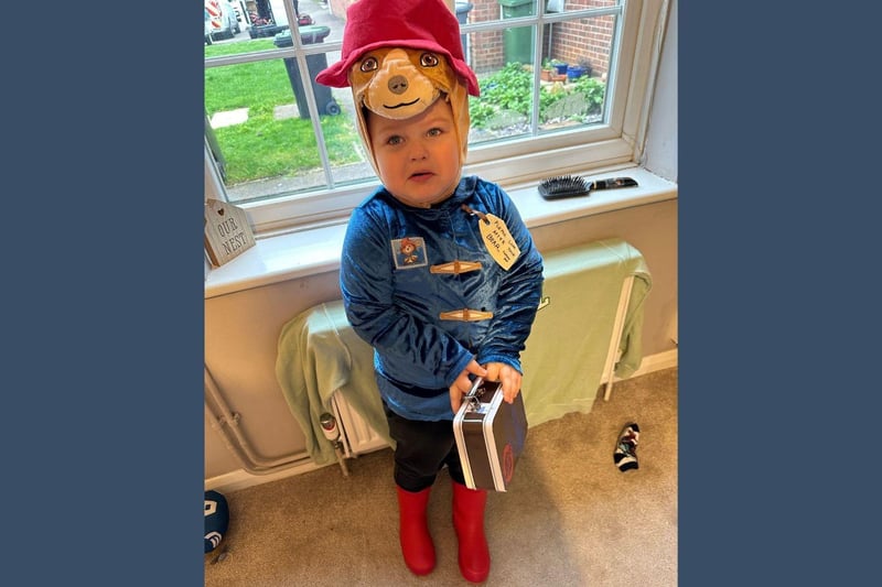 Albie-Alan, 4, as Paddington Bear - he's looking a bit sad here because he wanted a sandwich in his tin - but don't worry, we're reliably informed he got one in the end!
