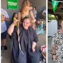 Katie, left, holding up her cut hair, and right, with her cousin Sarah who is battling cancer. Image: Katie Gentle.