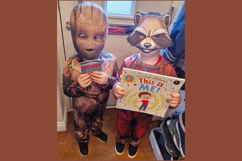 Louie, 4, as Groot and Harry, 7, as Rocket from Guardians of the Galaxy - but also George from Cbeebies underneath!
