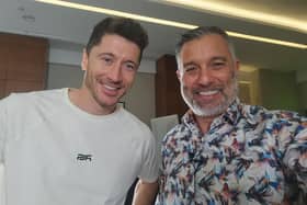 Guillem Balague with Poland striker Robert Lewandowski. Both remain at the World Cup, but one will be travelling back to watch Biggleswade United in the FA Vase.