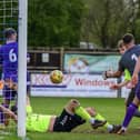 George Bailey (far right) scores the third Biggleswade FC goal at home to Stotfold. Photo: Guy Wills Sports Photography.