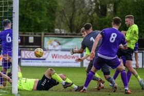 George Bailey (far right) scores the third Biggleswade FC goal at home to Stotfold. Photo: Guy Wills Sports Photography.