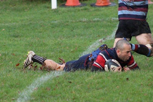 Richard Sinclair slides over for Biggleswade's winning try, PIC: Tom Dillinger
