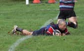 Richard Sinclair slides over for Biggleswade's winning try, PIC: Tom Dillinger