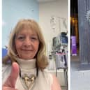 Left: Judy receiving chemotherapy, and right, at Durham Cathedral during her Pilgrimage walk. The route follows that of St Cuthbert. Images: Judy Mansfield.