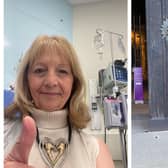 Left: Judy receiving chemotherapy, and right, at Durham Cathedral during her Pilgrimage walk. The route follows that of St Cuthbert. Images: Judy Mansfield.