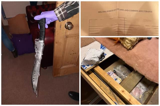 L: knife seized at the property; Top R: document showing the melting point of cocaine and common adulterants and Bottom R: cash found under the floorboards. Pictures: Bedfordshire Police