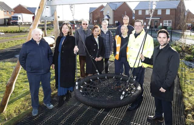Staff from Barratt Homes joined by representatives at Ickleford Parish Council and Tom Rhea, Planning Officer for North Herts District Council, to open Trinity Park. 