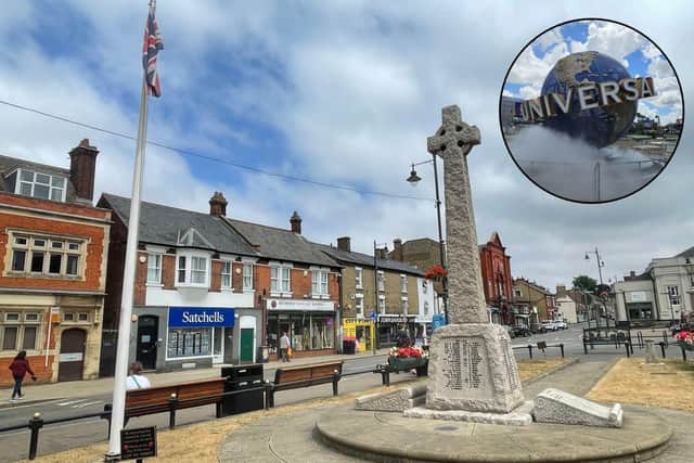 Biggleswade town centre and inset, Universal Studios' theme park in Florida