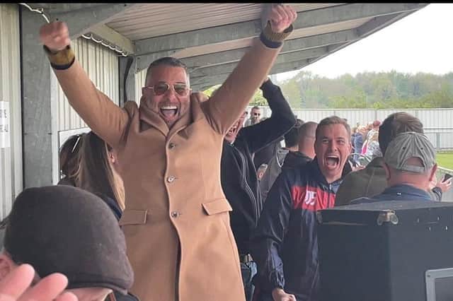 Guillem Balague celebrates after Biggleswade United's second goal as they beat Bugbrooke St Michaels 2-0 to ensure survival in the United Counties League