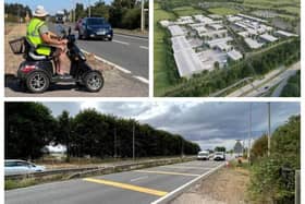Clockwise from top left: A disabled resident crosses the A1 at Tingey's Corner; withdrawn plans for the industrial development and bridge at the former Woodlands Nurseries site; the Footpath 7 crossing: Woodlands Industrial Estate left, and Bells Brook (old A1) right. Images supplied by Cllr Daniels and DLA Town Planning Ltd/Solai Holdings Ltd.