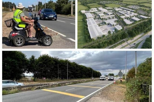 Clockwise from top left: A disabled resident crosses the A1 at Tingey's Corner; withdrawn plans for the industrial development and bridge at the former Woodlands Nurseries site; the Footpath 7 crossing: Woodlands Industrial Estate left, and Bells Brook (old A1) right. Images supplied by Cllr Daniels and DLA Town Planning Ltd/Solai Holdings Ltd.