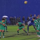 Biggleswade Town defend as Bedford seek a goal in the New Year's Day battle. Photo: Adrian Brown.