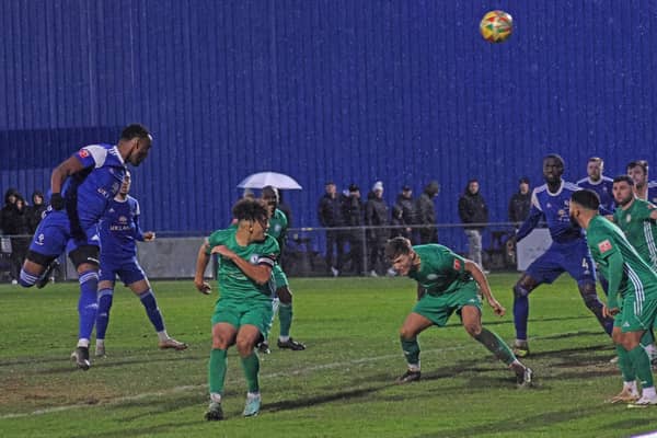 Biggleswade Town defend as Bedford seek a goal in the New Year's Day battle. Photo: Adrian Brown.