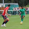 Action from Biggleswade Town's defeat to Bromsgrove Sporting. Photo: Linda Babaie.