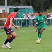 Action from Biggleswade Town's defeat to Bromsgrove Sporting. Photo: Linda Babaie.