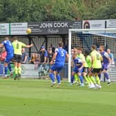 Action from Biggleswade FC's (in green) clash with Bedford Town. Photo: Adrian Brown.