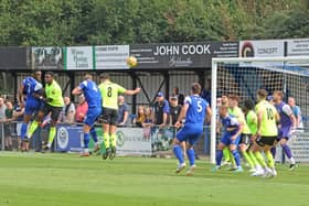 Action from Biggleswade FC's (in green) clash with Bedford Town. Photo: Adrian Brown.