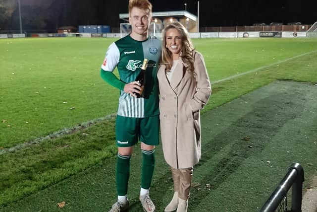 Tracey presents man of the match to Lawrie Marsh. Photo: Darren Snow.