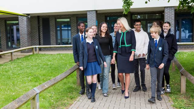 Jo Young, Etonbury Academy's principal, with pupils. Picture: Etonbury Academy