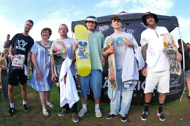 Sandy mayor Joanna Hewitt pictured among a huge crowd which got together to celebrate the first anniversary of the opening of Sandy Skatepark