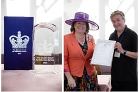 The award, and right, Helen Nellis, Her Majesty’s Lord Lieutenant of Bedfordshire, and John Robertson, BGN chair. Photo: Andy Thomas.