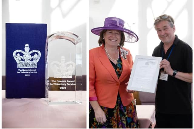 The award, and right, Helen Nellis, Her Majesty’s Lord Lieutenant of Bedfordshire, and John Robertson, BGN chair. Photo: Andy Thomas.