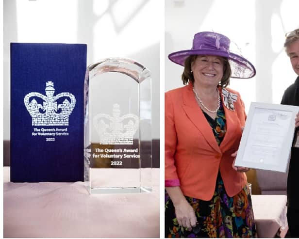 The award, and right, Helen Nellis, Her Majesty’s Lord Lieutenant of Bedfordshire, and John Robertson, BGN chair. Photo: Andy Thomas.