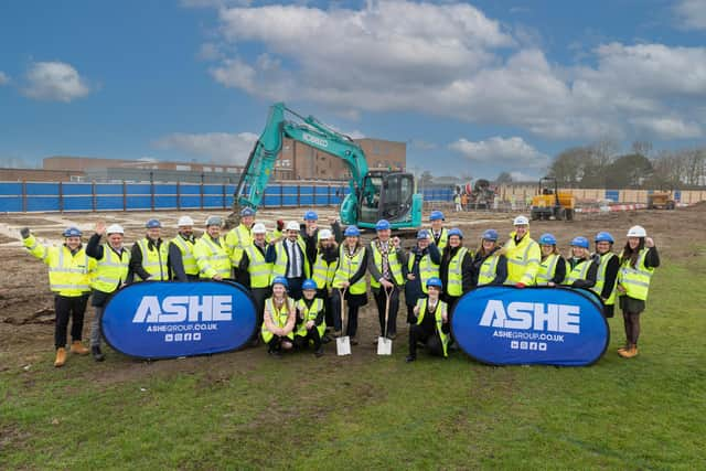 Sandy Secondary School pupils, staff and governors, including Executive Principal Karen Hayward, with Sandy Town Council Mayor Cllr Martin Pettitt, Central Bedfordshire Council Chair and Sandy ward member Cllr Caroline Maudlin, fellow ward members Cllr Tracey Stock and Cllr Simon Ford and representatives of Ashe Group, Concertus Design and Property Consultants, and Pagabo