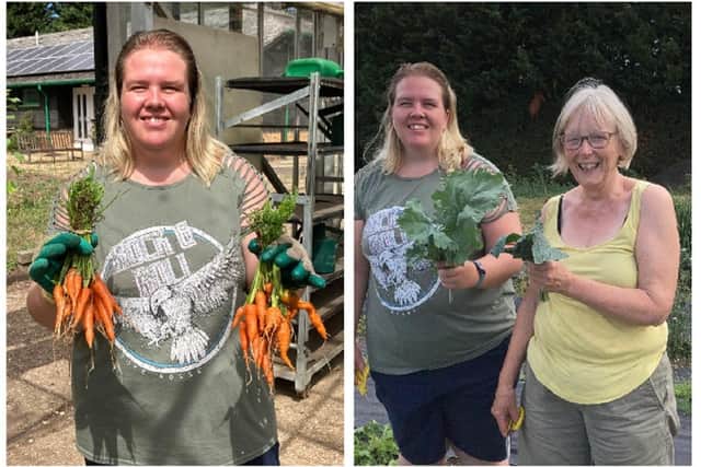 SHC customer, Hayley, with some carrots grown at the centre, and right, with volunteer Gillie. Images: Central Bedfordshire Council.