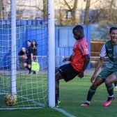 Amaru Kaunda celebrates his first goal in Biggleswade FC's win on Saturday. Photo: Guy Wills.