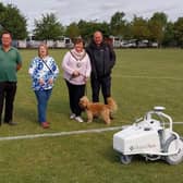 L to R: Richard Gilbert, Sandy Town Council groundsman; Cllr Susan Sutton, chair of community services and environment committee; mayor of Sandy Cllr Joanna Hewitt; and Daniel White, GroundTech. Picture: Sandy Town Council