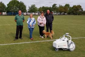 L to R: Richard Gilbert, Sandy Town Council groundsman; Cllr Susan Sutton, chair of community services and environment committee; mayor of Sandy Cllr Joanna Hewitt; and Daniel White, GroundTech. Picture: Sandy Town Council