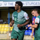 Pemi Aderoju netted Biggleswade FC's opener in the win over Stowmarket. Photo: Guy Wills.
