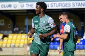 Pemi Aderoju netted Biggleswade FC's opener in the win over Stowmarket. Photo: Guy Wills.