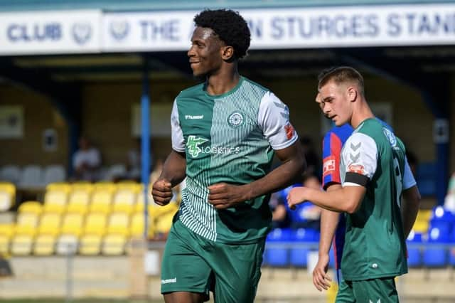 Pemi Aderoju netted Biggleswade FC's opener in the win over Stowmarket. Photo: Guy Wills.