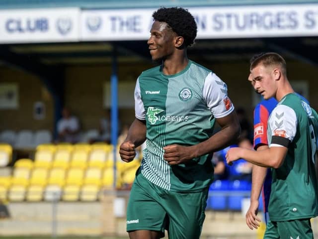 Pemi Aderoju netted Biggleswade FC's opener in the win over Stowmarket. Photo: Guy Wills.