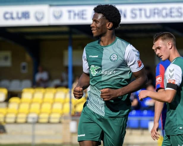Pemi Aderoju netted Biggleswade FC's opener in the win over Stowmarket. Photo: Guy Wills.