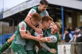 Ollie Snaith (right) is congratulated after scoring against Kings Langley. Photo: Guy Wills Sports Photography.